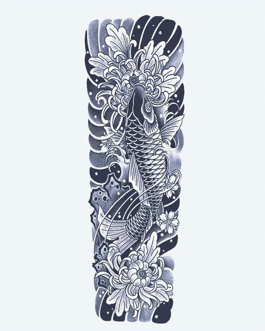 Koi Fish & Chrysanthemum Sleeve semi-permanent tattoo design by INKON – japanese, irezumi, full, sleeve, fish illustration, 8 x 20 in (20x50cm), available at inkon.co
