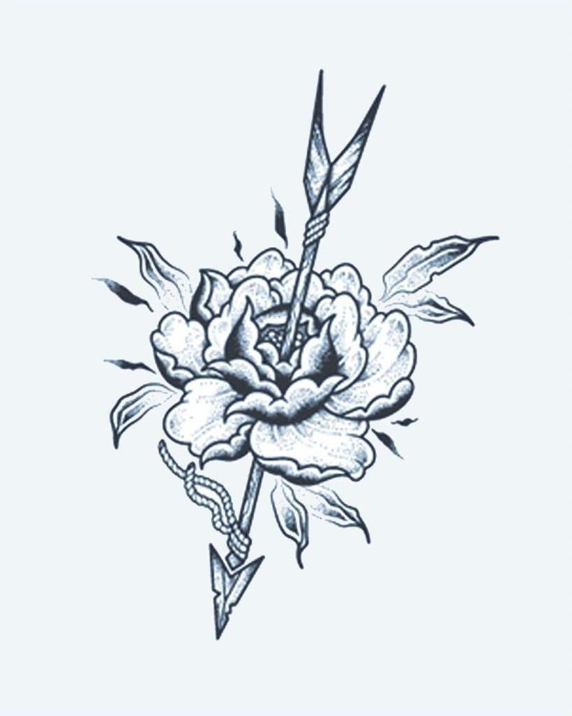 Rose & Arrow semi-permanent tattoo design by INKON – blooming, peony, rose, pierced, arrow illustration, 3 x 4 in (7x10cm), available at inkon.co