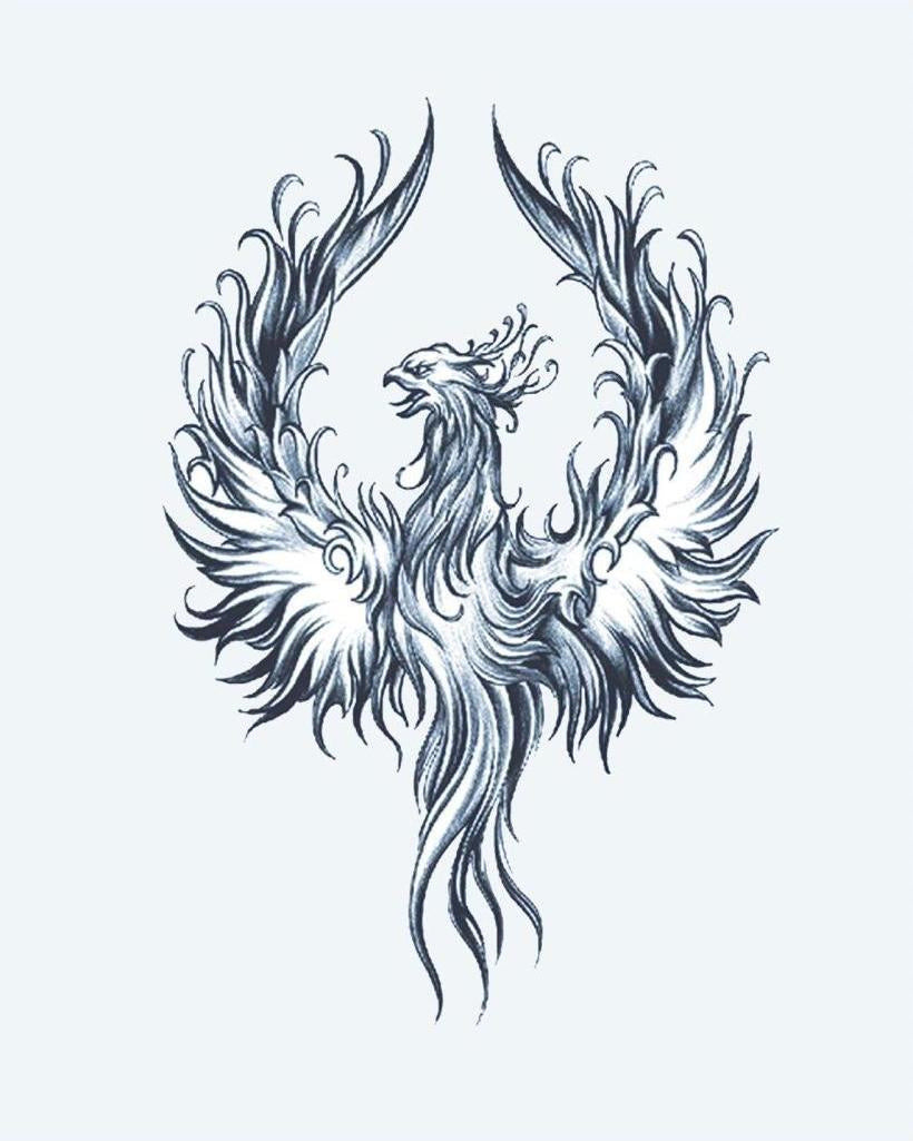 Phoenix Rising 2 semi-permanent tattoo design by INKON – magnificent, phoenix, spread, wings, flowing illustration, 4 x 8 in (11x21cm), available at inkon.co
