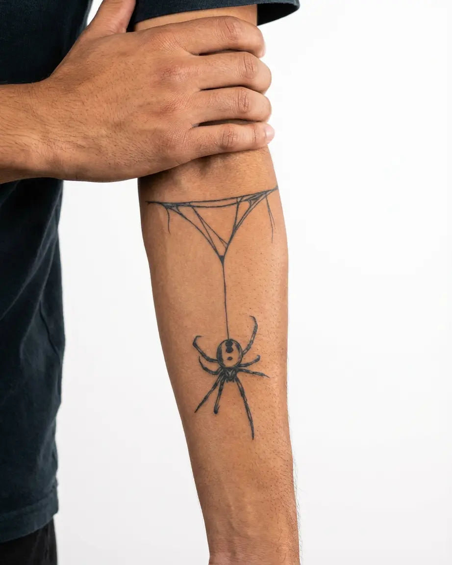 INKON Venomous Spider Drop semi-permanent tattoo applied on a man – 4 x 7 in (10x17cm) design, realistic ink look, lasts 10 days