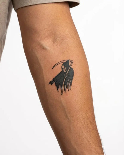 INKON Grim Reaper 2 semi-permanent tattoo applied on a man – 2 x 2 in (5x5cm) design, realistic ink look, lasts 10 days