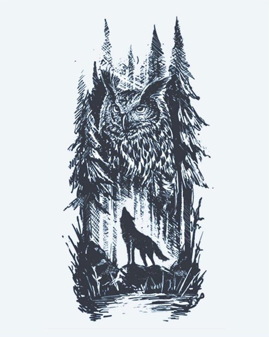Forest Owl & Wolf semi-permanent tattoo design by INKON – horned, perched, among, pine, trees illustration, 4 x 7 in (10x17cm), available at inkon.co