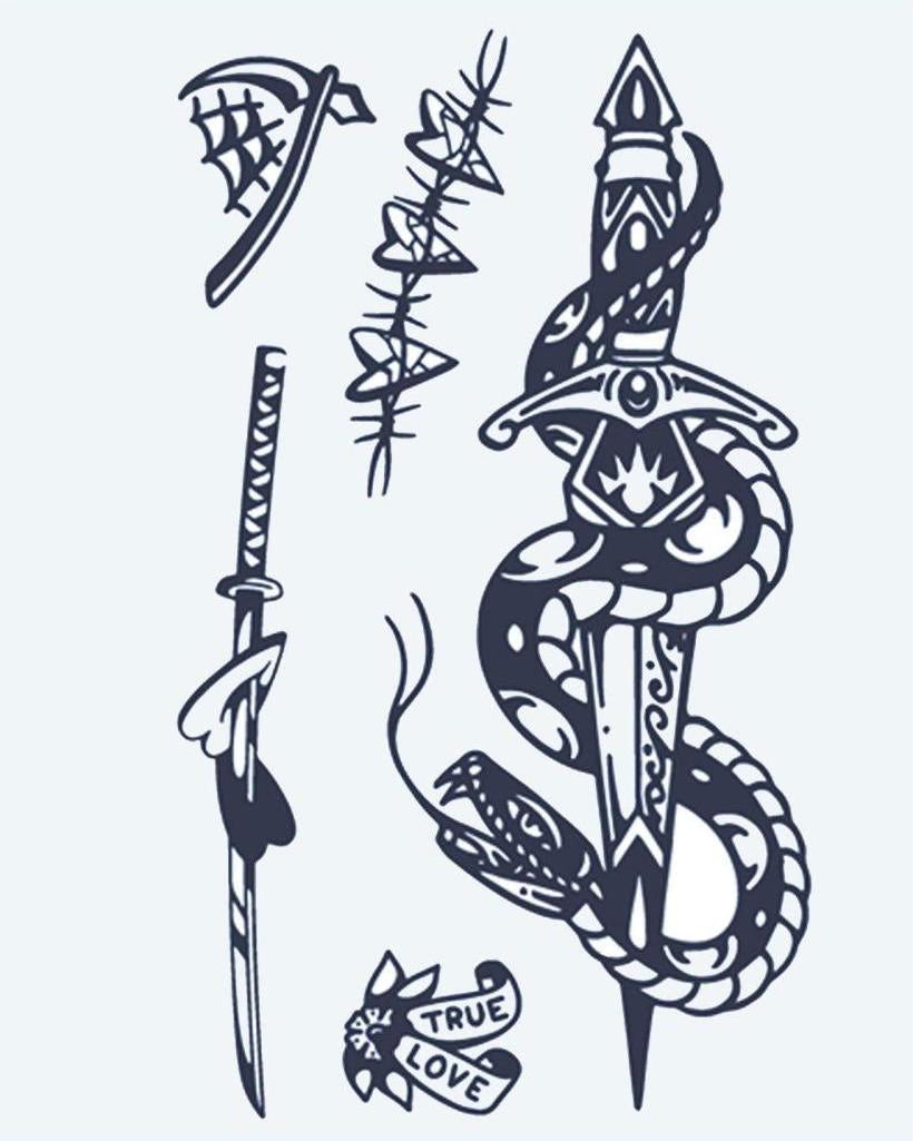 Snake & Dagger Flash Sheet semi-permanent tattoo design by INKON – flash, sheet, snake, coiled, dagger illustration, 4 x 7 in (10x17cm), available at inkon.co