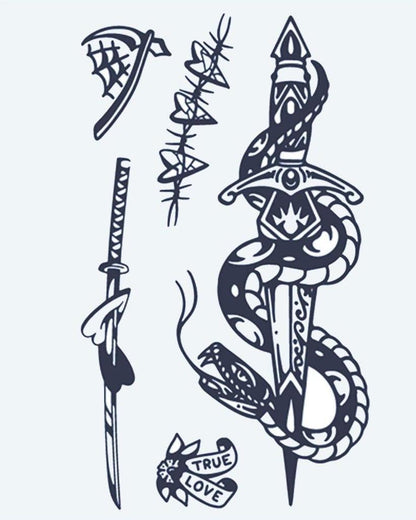 Snake & Dagger Flash Sheet semi-permanent tattoo design by INKON – flash, sheet, snake, coiled, dagger illustration, 4 x 7 in (10x17cm), available at inkon.co
