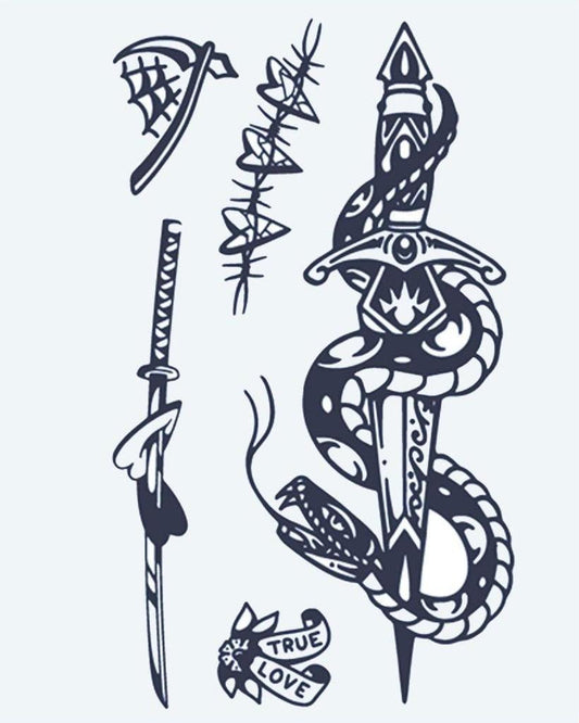 Snake & Dagger Flash Sheet semi-permanent tattoo design by INKON – flash, sheet, snake, coiled, dagger illustration, 4 x 7 in (10x17cm), available at inkon.co