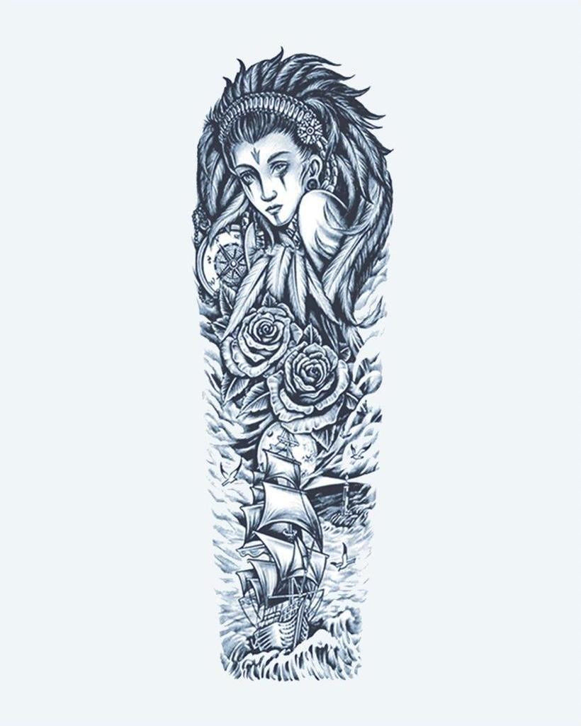 Sea Goddess & Sailing Ship semi-permanent tattoo design by INKON – enchanting, full, sleeve, goddess, roses illustration, 8 x 20 in (20x50cm), available at inkon.co