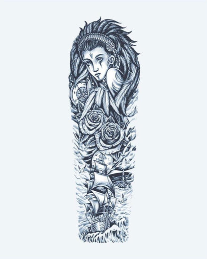 Sea Goddess & Sailing Ship semi-permanent tattoo design by INKON – enchanting, full, sleeve, goddess, roses illustration, 8 x 20 in (20x50cm), available at inkon.co