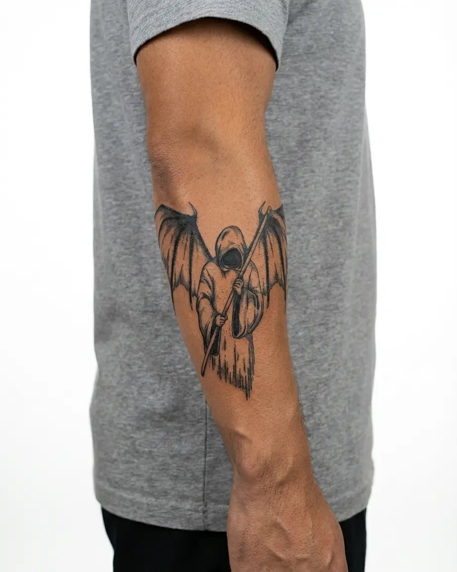 INKON Winged Reaper semi-permanent tattoo applied on a man – 4 x 7 in (10x17cm) design, realistic ink look, lasts 10 days