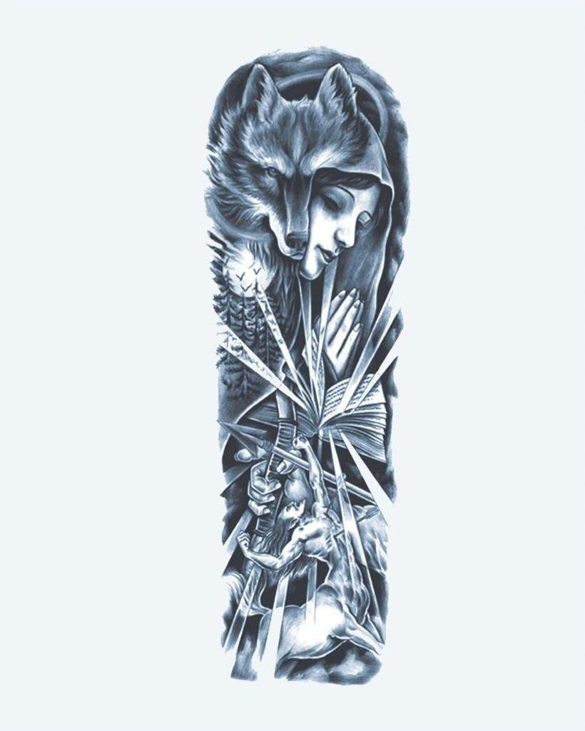 Wolf Girl & Warrior semi-permanent tattoo design by INKON – mystical, full, sleeve, woman, wolf illustration, 8 x 20 in (20x50cm), available at inkon.co