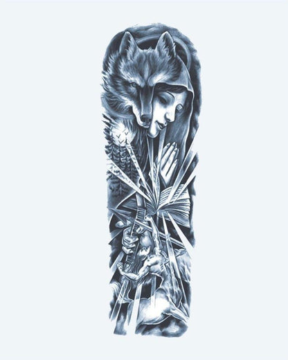 Wolf Girl & Warrior semi-permanent tattoo design by INKON – mystical, full, sleeve, woman, wolf illustration, 8 x 20 in (20x50cm), available at inkon.co