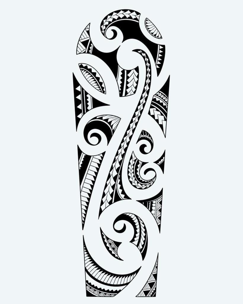 Maori Spiral Sleeve semi-permanent tattoo design by INKON – authentic, maori, filled, koru, spirals illustration, 8 x 20 in (20x50cm), available at inkon.co