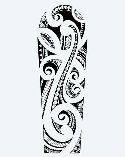 Maori Spiral Sleeve semi-permanent tattoo design by INKON – authentic, maori, filled, koru, spirals illustration, 8 x 20 in (20x50cm), available at inkon.co