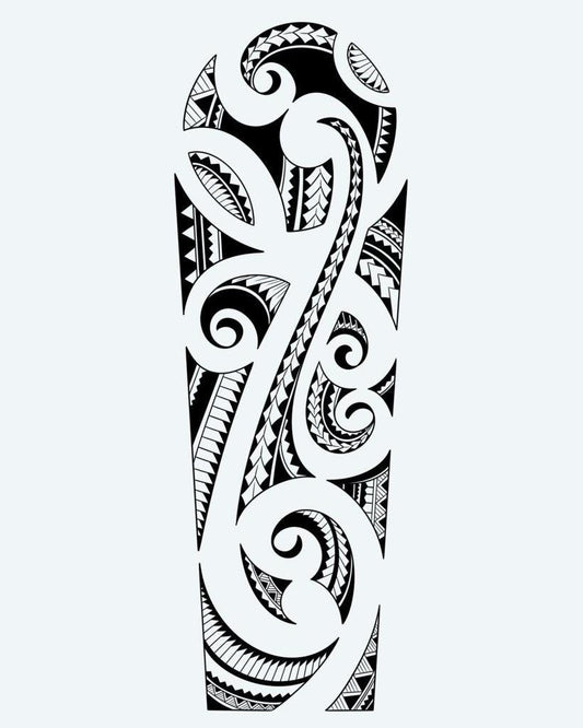 Maori Spiral Sleeve semi-permanent tattoo design by INKON – authentic, maori, filled, koru, spirals illustration, 8 x 20 in (20x50cm), available at inkon.co