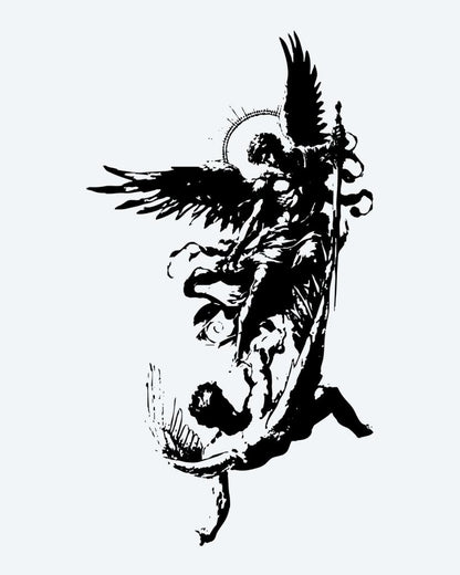 Fallen Angel Battle semi-permanent tattoo design by INKON – dramatic, fallen, angel, depicting, winged illustration, 4 x 8 in (11x21cm), available at inkon.co