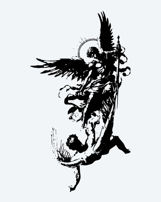 Fallen Angel Battle semi-permanent tattoo design by INKON – dramatic, fallen, angel, depicting, winged illustration, 4 x 8 in (11x21cm), available at inkon.co