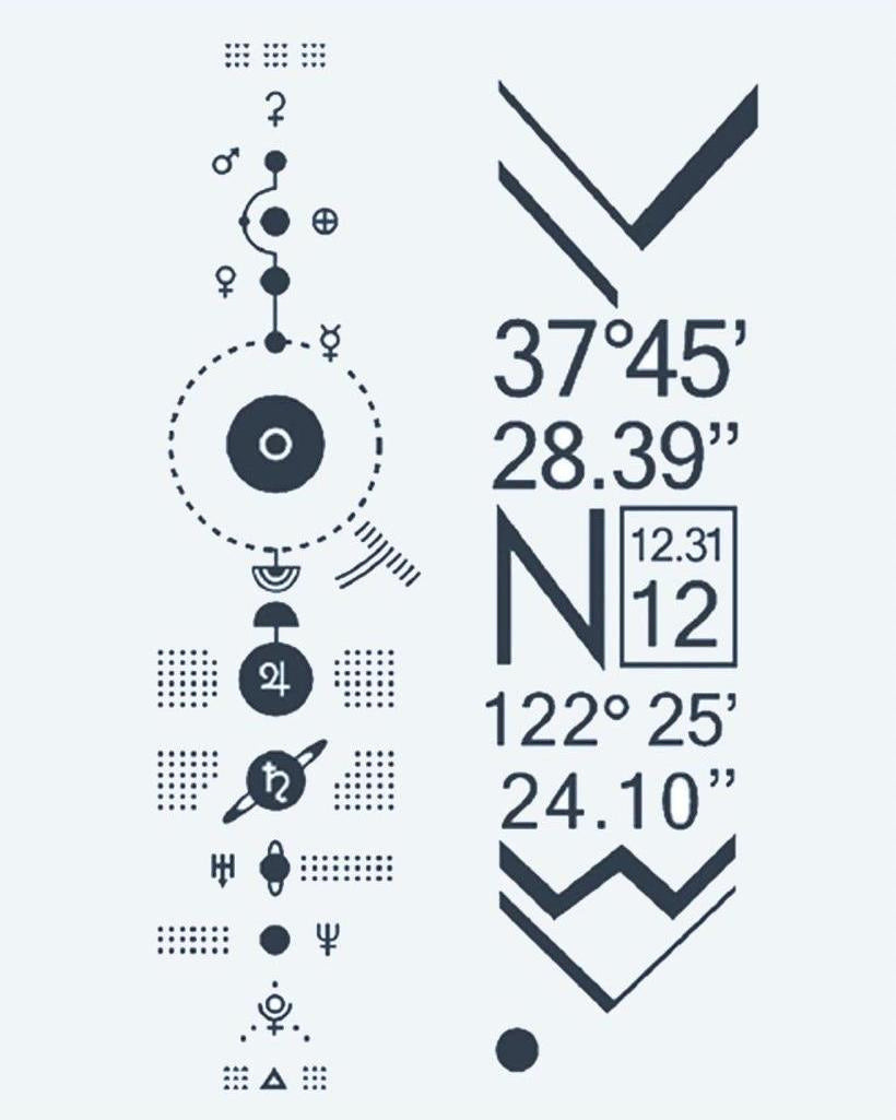 Solar System & Coordinates semi-permanent tattoo design by INKON – futuristic, solar, system, diagram, planetary illustration, 4 x 7 in (10x17cm), available at inkon.co