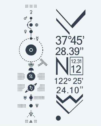 Solar System & Coordinates semi-permanent tattoo design by INKON – futuristic, solar, system, diagram, planetary illustration, 4 x 7 in (10x17cm), available at inkon.co