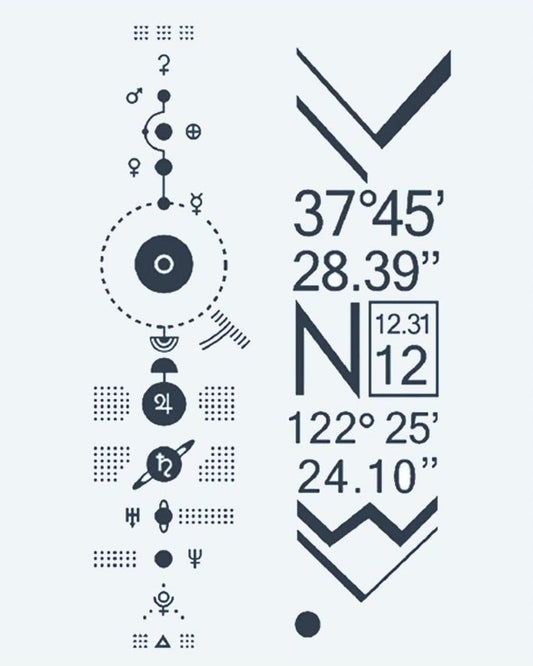 Solar System & Coordinates semi-permanent tattoo design by INKON – futuristic, solar, system, diagram, planetary illustration, 4 x 7 in (10x17cm), available at inkon.co