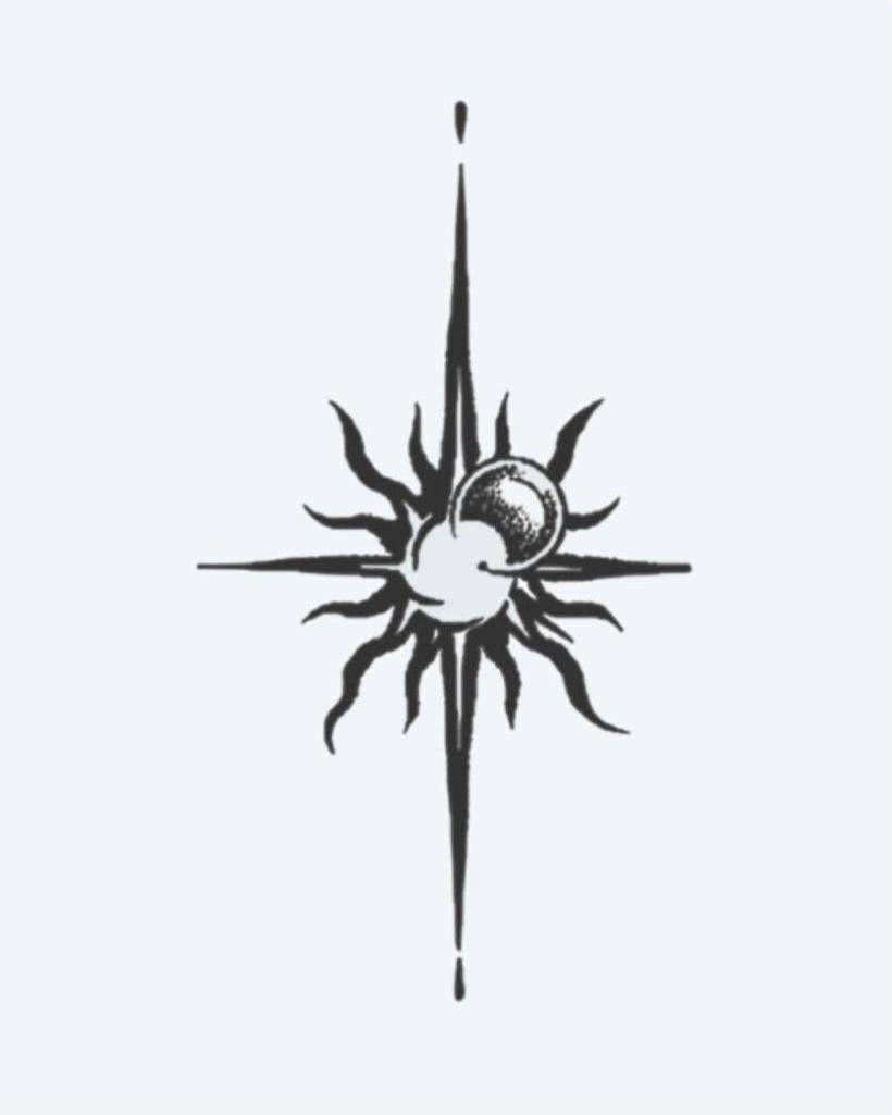 Sun & Moon Compass semi-permanent tattoo design by INKON – crescent, moon, fusion, pointed, compass illustration, 3 x 4 in (6x11cm), available at inkon.co