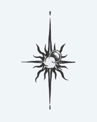 Sun & Moon Compass semi-permanent tattoo design by INKON – crescent, moon, fusion, pointed, compass illustration, 3 x 4 in (6x11cm), available at inkon.co