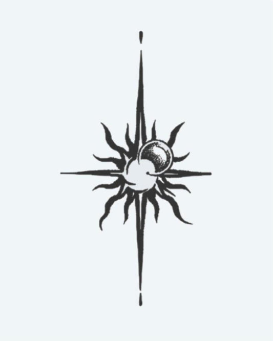 Sun & Moon Compass semi-permanent tattoo design by INKON – crescent, moon, fusion, pointed, compass illustration, 3 x 4 in (6x11cm), available at inkon.co
