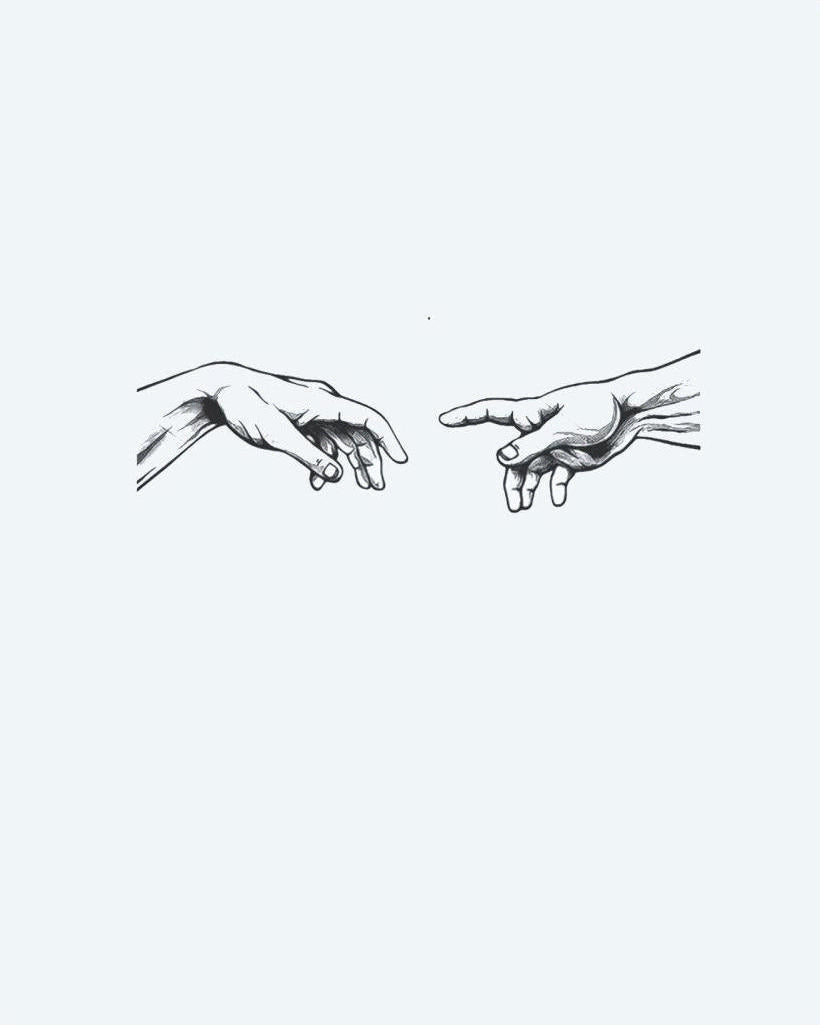 Creation Hands semi-permanent tattoo design by INKON – fine, line, michelangelo, creation, adam illustration, 3 x 4 in (6x11cm), available at inkon.co