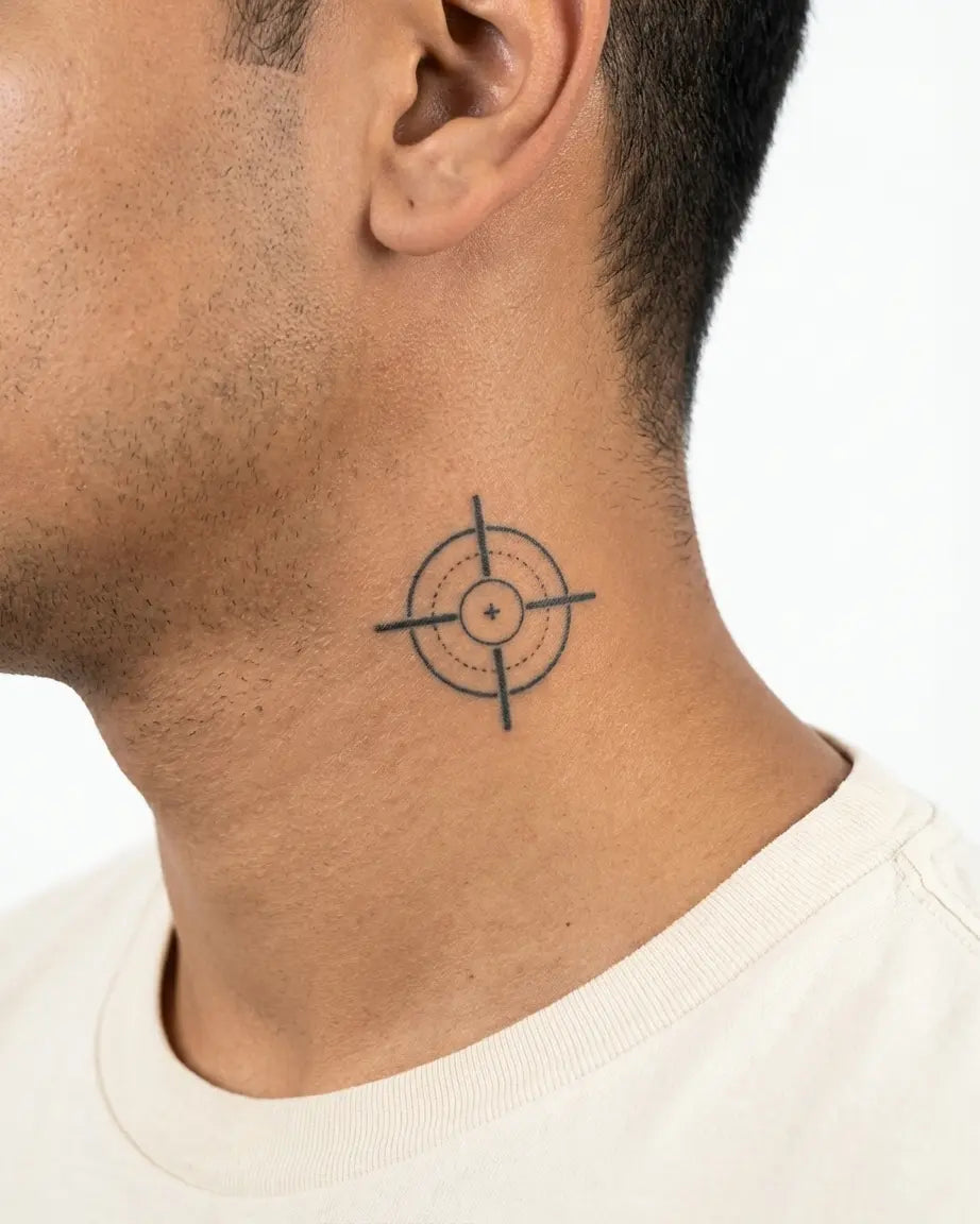 INKON Tactical Crosshair semi-permanent tattoo applied on a man – 2 x 2 in (5x5cm) design, realistic ink look, lasts 10 days