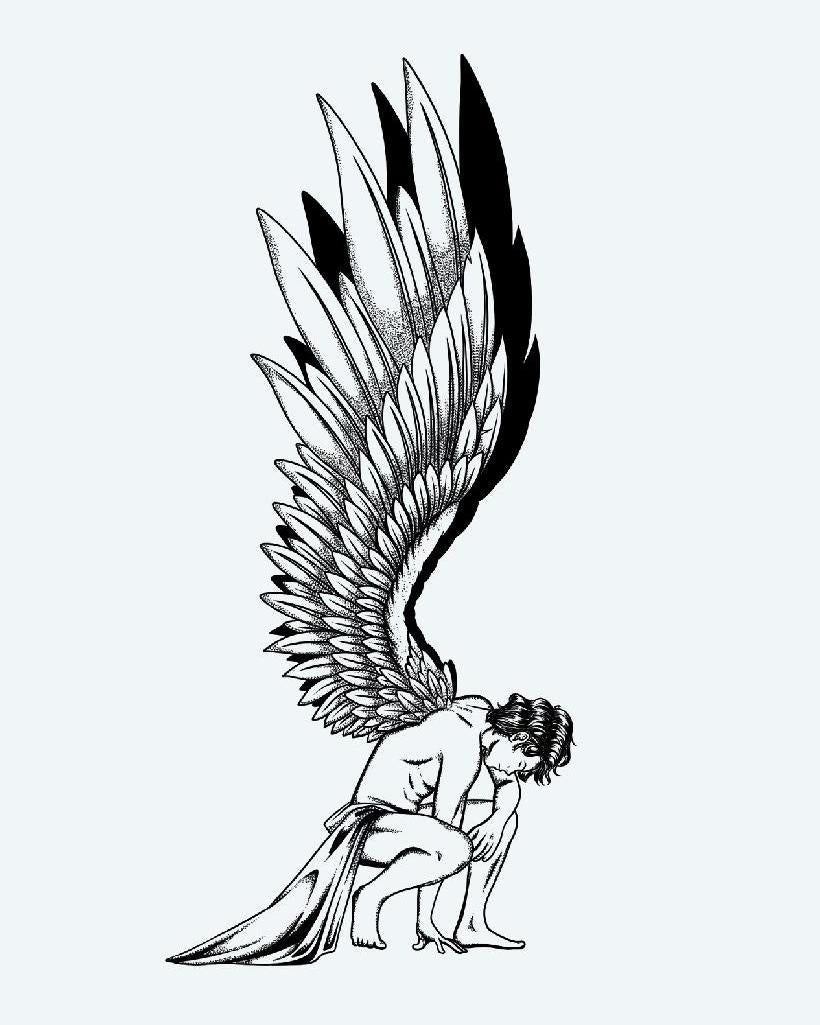 Fallen Angel semi-permanent tattoo design by INKON – dotwork, fine, lines, construct, kneeling illustration, 4 x 8 in (11x21cm), available at inkon.co
