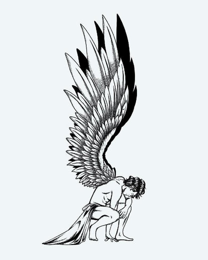 Fallen Angel semi-permanent tattoo design by INKON – dotwork, fine, lines, construct, kneeling illustration, 4 x 8 in (11x21cm), available at inkon.co