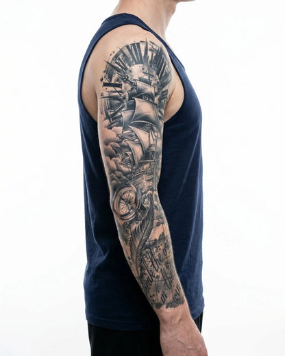INKON Nautical Ship & Compass semi-permanent tattoo applied on a man – 8 x 20 in (20x50cm) design, realistic ink look, lasts 10 days