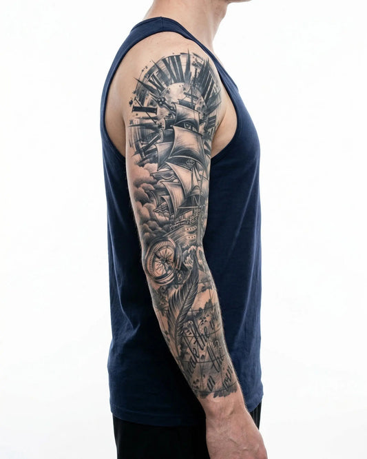 INKON Nautical Ship & Compass semi-permanent tattoo applied on a man – 8 x 20 in (20x50cm) design, realistic ink look, lasts 10 days