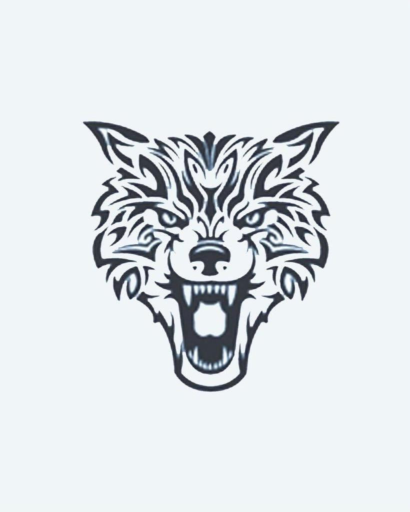 Tribal Wolf semi-permanent tattoo design by INKON – snarling, wolf, face, tribal, sharp illustration, 3 x 4 in (7x10cm), available at inkon.co