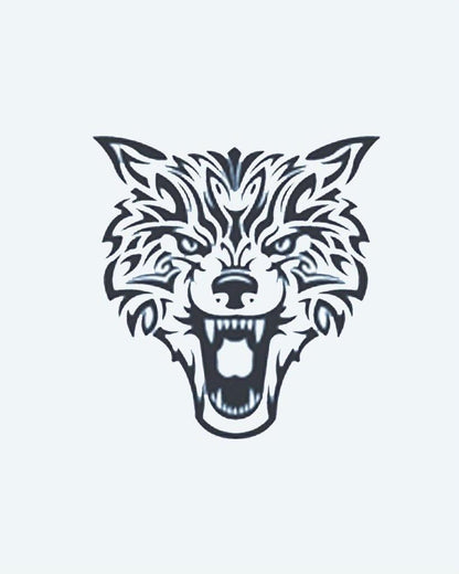 Tribal Wolf semi-permanent tattoo design by INKON – snarling, wolf, face, tribal, sharp illustration, 3 x 4 in (7x10cm), available at inkon.co