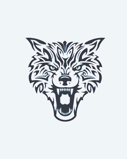 Tribal Wolf semi-permanent tattoo design by INKON – snarling, wolf, face, tribal, sharp illustration, 3 x 4 in (7x10cm), available at inkon.co
